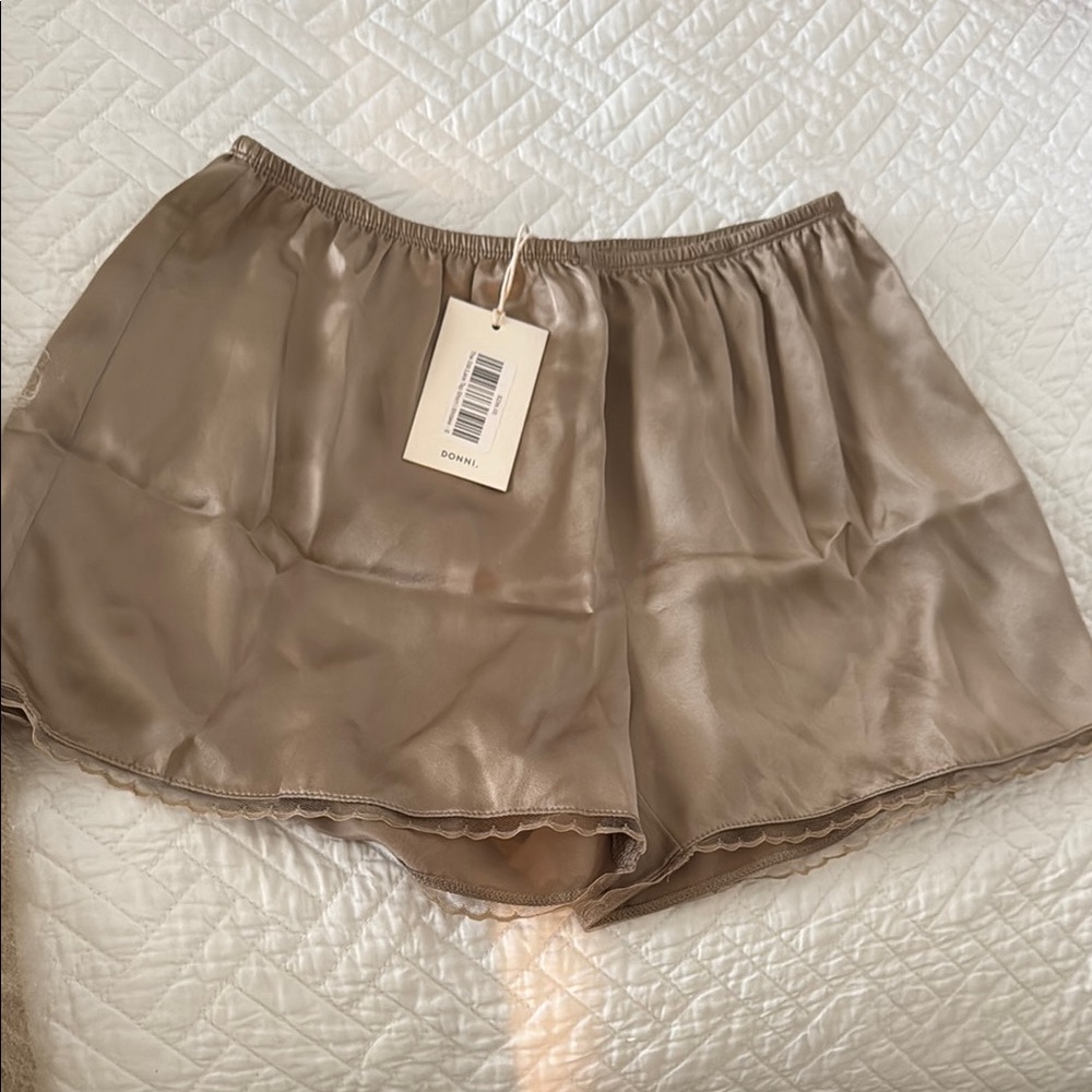 DONNI. Tan High Waist Shorts with Elastic Waistband